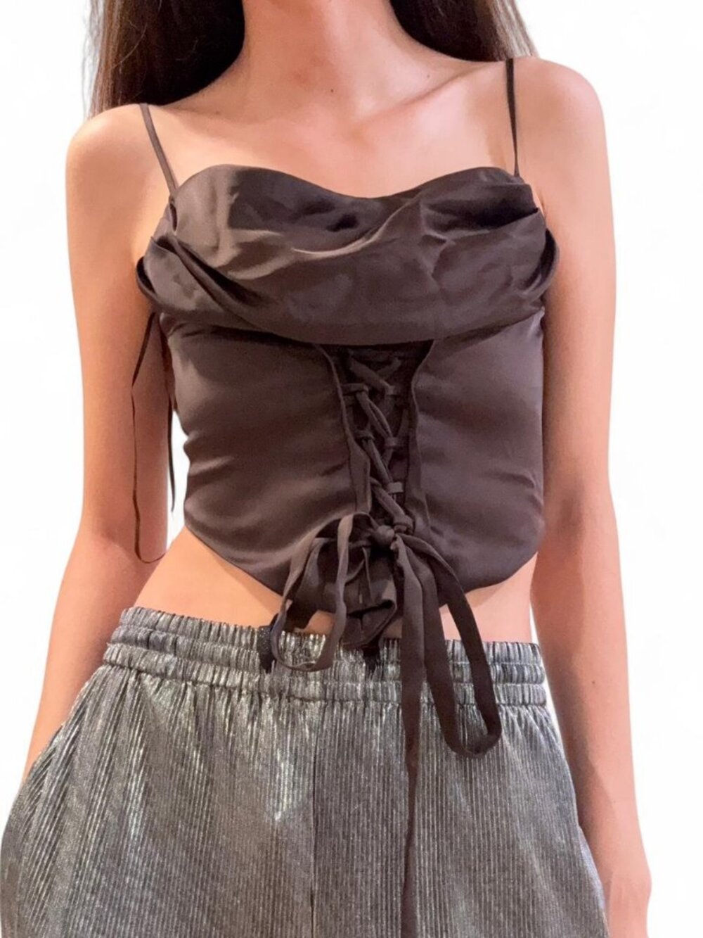 Silence + Noise Women's Dark Brown Silk Corset Top — Size S